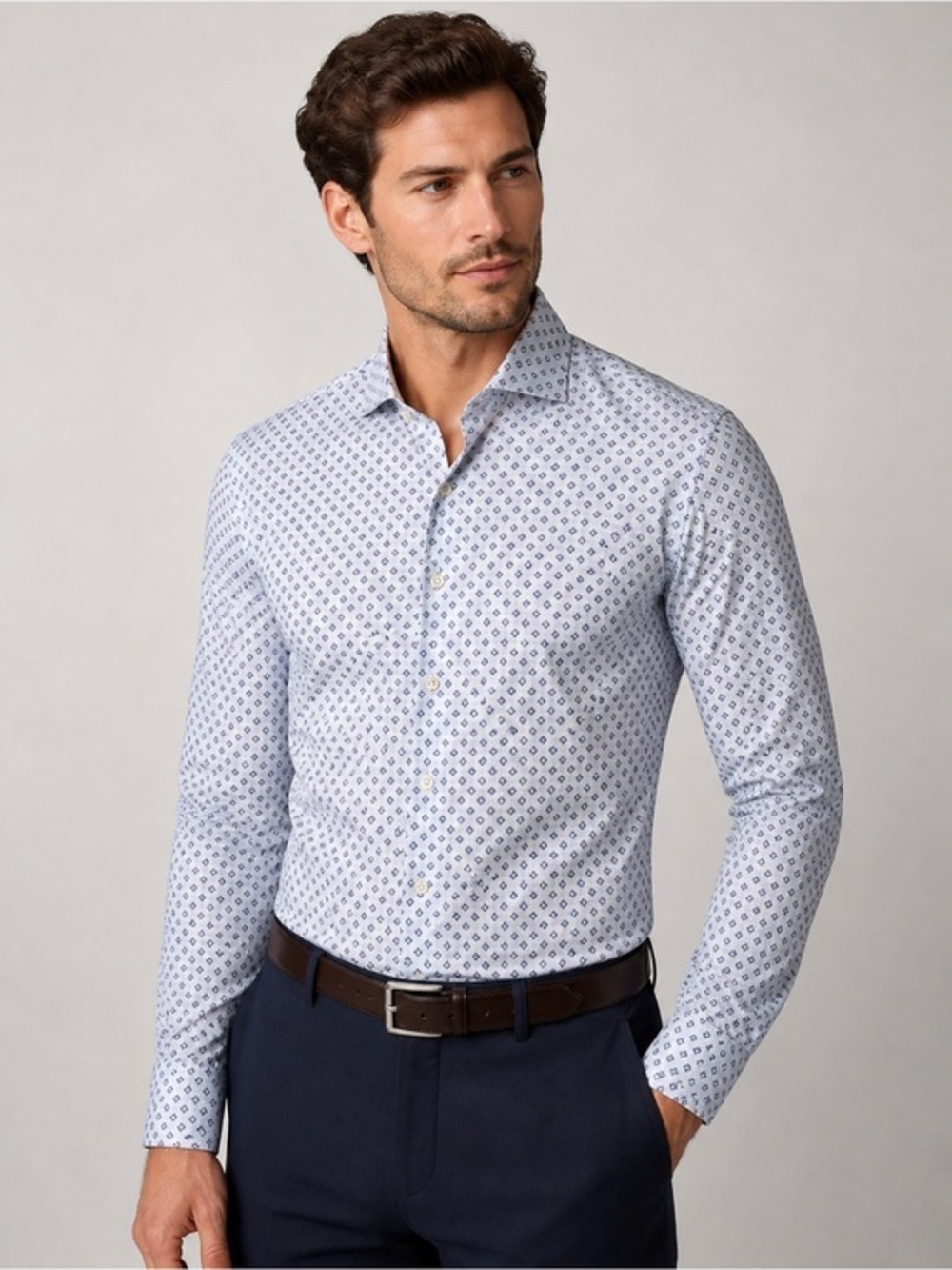 BOSS Slim Fit Dress Shirt Blue Geometric Print 42 16.5 Made in Italy